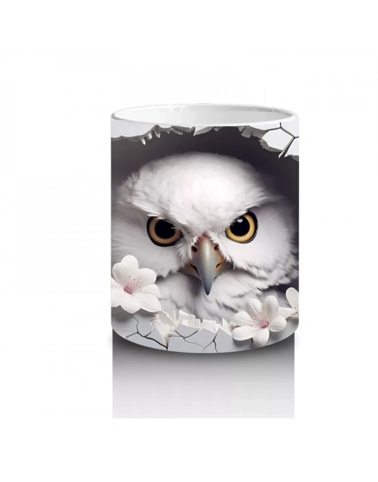 Beyaz Çiçeklerle Süslenmiş Baykuş – Baskılı Kahve Kupası