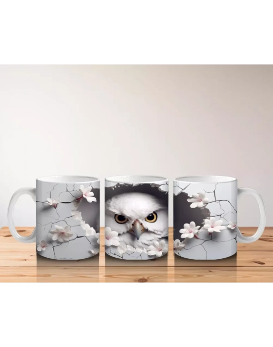 Beyaz Çiçeklerle Süslenmiş Baykuş – Baskılı Kahve Kupası