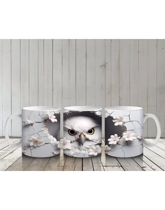 Beyaz Çiçeklerle Süslenmiş Baykuş – Baskılı Kahve Kupası