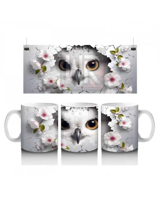 Beyaz Çiçeklerle Süslenmiş Bilge Baykuş – Baskılı Kahve Kupası