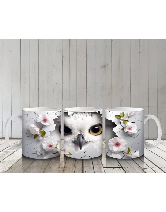 Beyaz Çiçeklerle Süslenmiş Bilge Baykuş – Baskılı Kahve Kupası