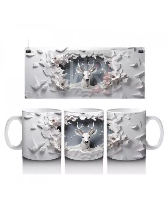 Beyaz Çiçeklerle Süslenmiş Çatlak Zeminden Bakan Geyik - Baskılı kahve kupası