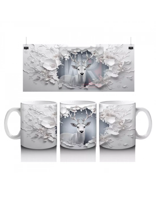 Beyaz Çiçeklerle Süslenmiş Çatlak Zeminden Bakan Geyik - Baskılı kahve kupası