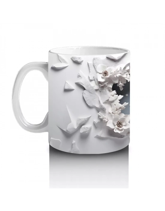Beyaz Çiçeklerle Süslenmiş Çatlak Zeminden Bakan Geyik - Baskılı kahve kupası