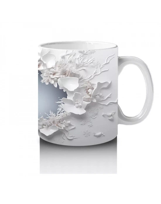 Beyaz Çiçeklerle Süslenmiş Çatlak Zeminden Bakan Geyik - Baskılı kahve kupası