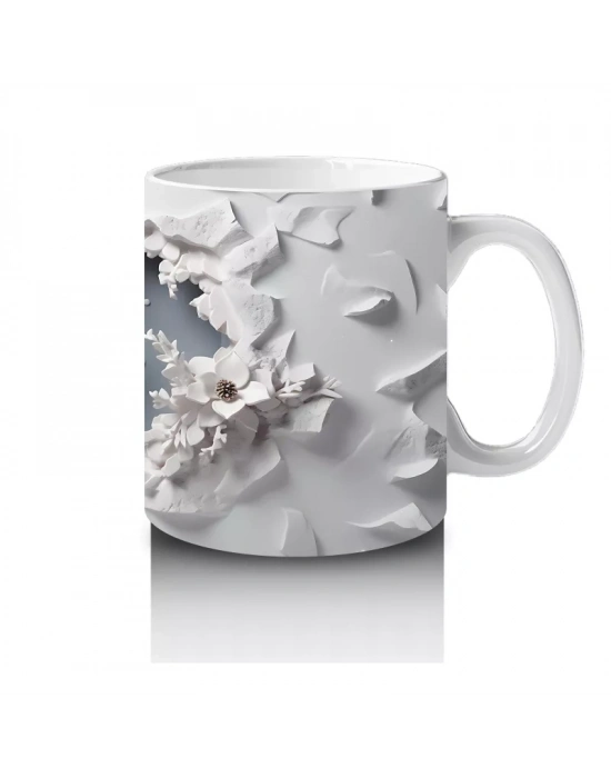 Beyaz Çiçeklerle Süslenmiş Çatlak Zeminden Bakan Geyik - Baskılı kahve kupası