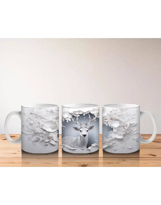 Beyaz Çiçeklerle Süslenmiş Çatlak Zeminden Bakan Geyik - Baskılı kahve kupası