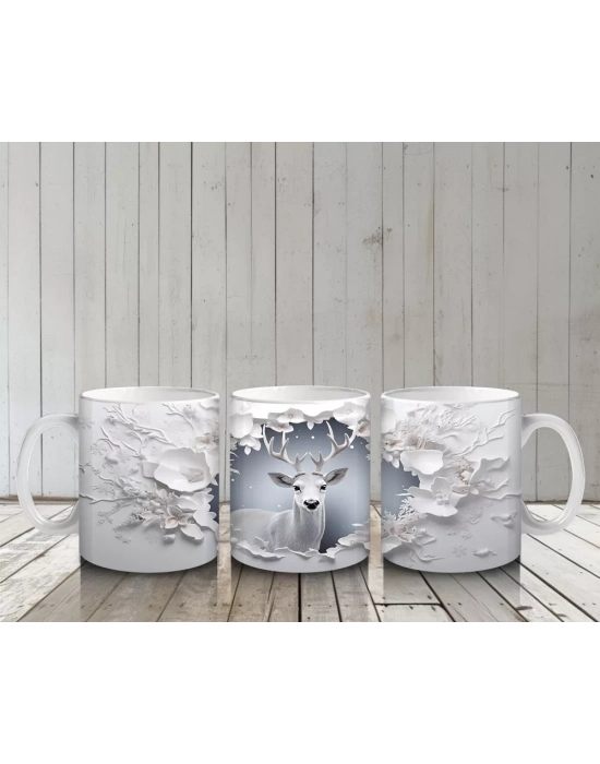 Beyaz Çiçeklerle Süslenmiş Çatlak Zeminden Bakan Geyik - Baskılı kahve kupası
