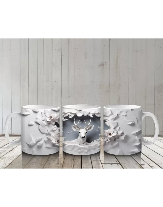 Beyaz Çiçeklerle Süslenmiş Çatlak Zeminden Bakan Geyik - Baskılı kahve kupası