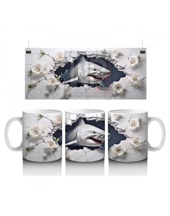 Beyaz Çiçeklerle Süslenmiş Çatlak Zeminden Bakan Köpekbalığı - Baskılı kahve kupası