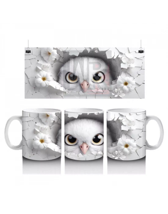 Beyaz Çiçeklerle Süslenmiş Çatlakta Sevimli Baykuş – Baskılı Kahve Kupası