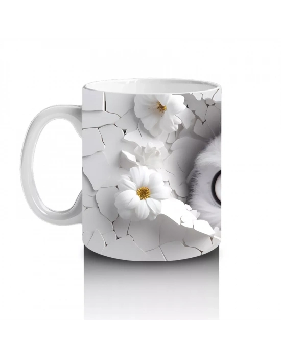 Beyaz Çiçeklerle Süslenmiş Çatlakta Sevimli Baykuş – Baskılı Kahve Kupası