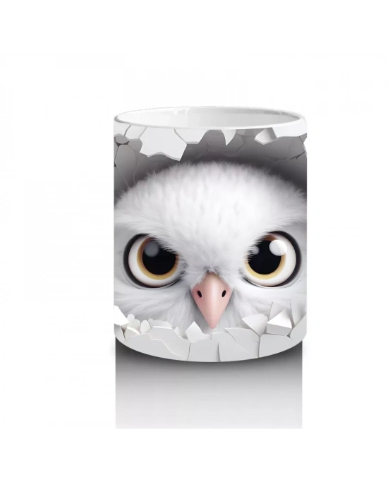 Beyaz Çiçeklerle Süslenmiş Çatlakta Sevimli Baykuş – Baskılı Kahve Kupası