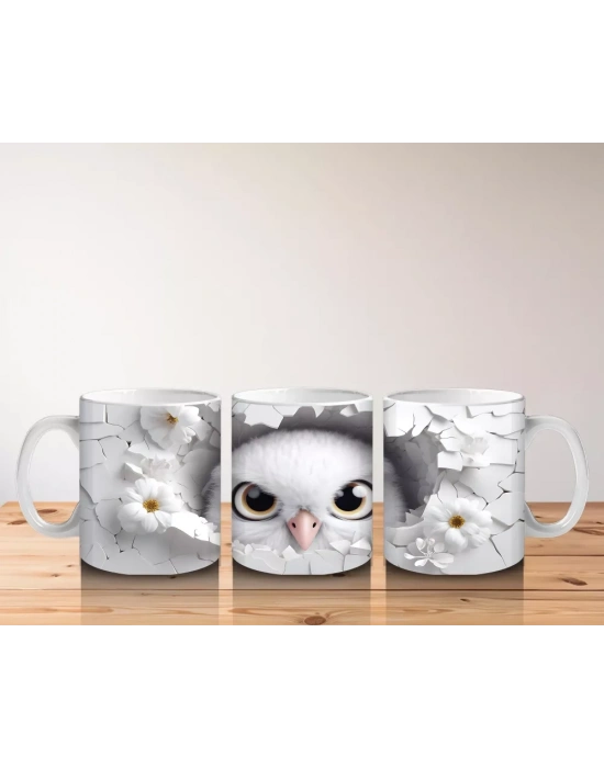 Beyaz Çiçeklerle Süslenmiş Çatlakta Sevimli Baykuş – Baskılı Kahve Kupası