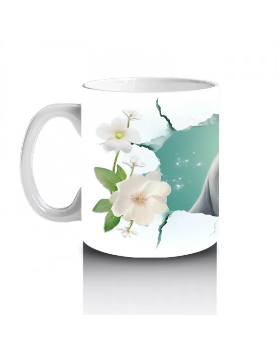 Beyaz Çiçeklerle Süslenmiş Sevimli Fok – Baskılı Kahve Kupası