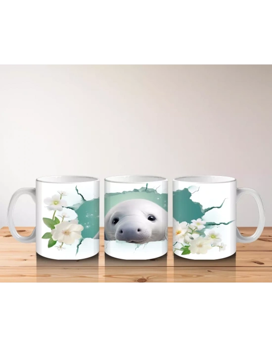Beyaz Çiçeklerle Süslenmiş Sevimli Fok – Baskılı Kahve Kupası