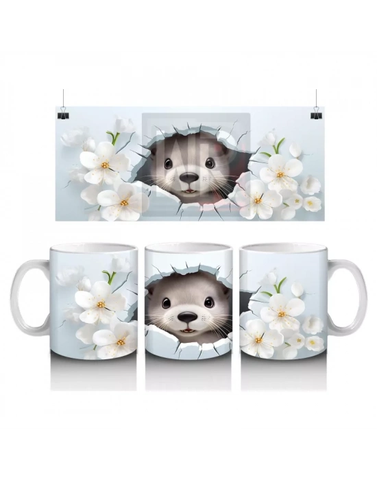 Beyaz Çiçeklerle Süslenmiş Sevimli Su Samuru – Baskılı Kahve Kupası