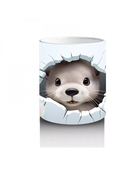 Beyaz Çiçeklerle Süslenmiş Sevimli Su Samuru – Baskılı Kahve Kupası