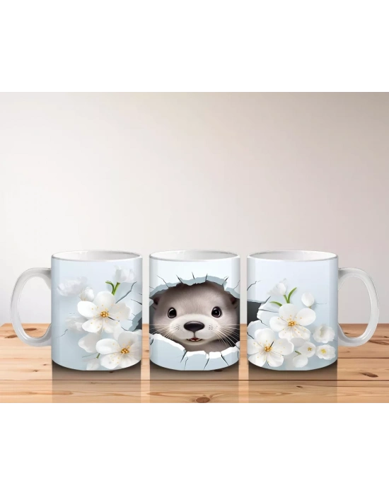 Beyaz Çiçeklerle Süslenmiş Sevimli Su Samuru – Baskılı Kahve Kupası