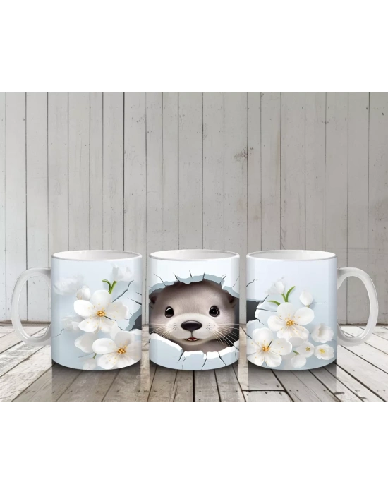 Beyaz Çiçeklerle Süslenmiş Sevimli Su Samuru – Baskılı Kahve Kupası