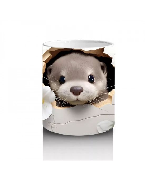 Beyaz Çiçeklerle Süslenmiş Tatlı Su Samuru – Baskılı Kahve Kupası