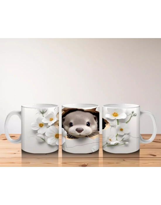 Beyaz Çiçeklerle Süslenmiş Tatlı Su Samuru – Baskılı Kahve Kupası