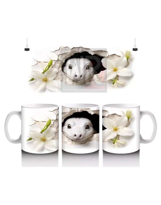 Beyaz Çiçekli Arka Planda Sevimli Tavşan - Baskılı Kahve Kupası