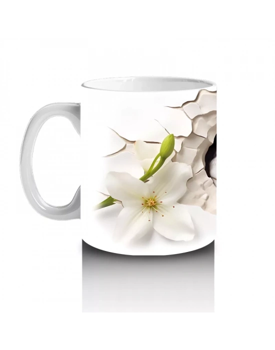 Beyaz Çiçekli Arka Planda Sevimli Tavşan - Baskılı Kahve Kupası