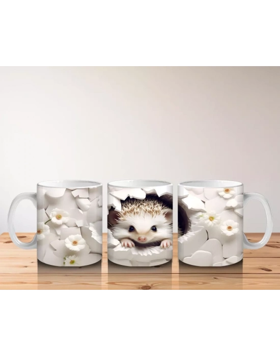 Beyaz Çiçekli Arka Planda Sevimli Tilki – Baskılı Kahve Kupası