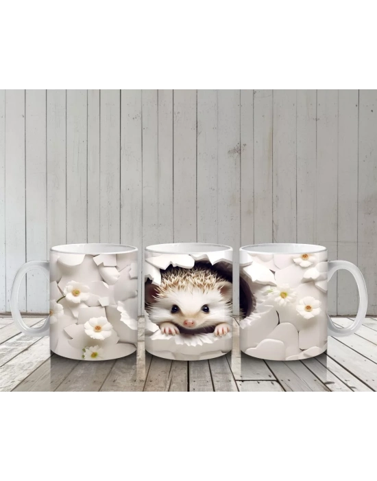 Beyaz Çiçekli Arka Planda Sevimli Tilki – Baskılı Kahve Kupası