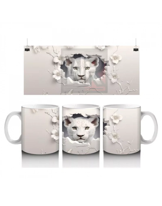 Beyaz Çiçekli Çatlakta Bakan Sevimli Kaplan – Baskılı Kahve Kupası
