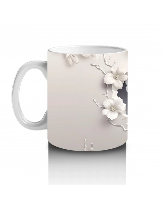 Beyaz Çiçekli Çatlakta Bakan Sevimli Kaplan – Baskılı Kahve Kupası