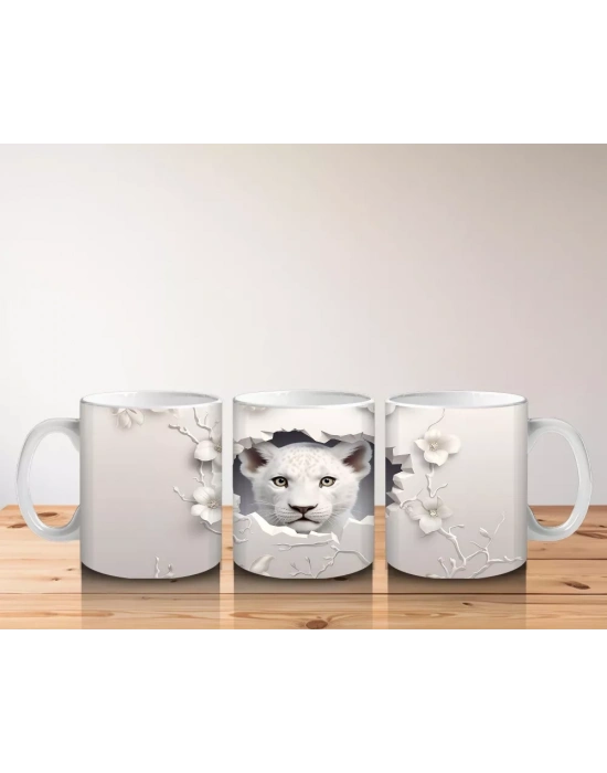 Beyaz Çiçekli Çatlakta Bakan Sevimli Kaplan – Baskılı Kahve Kupası