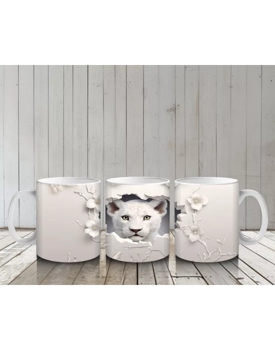 Beyaz Çiçekli Çatlakta Bakan Sevimli Kaplan – Baskılı Kahve Kupası