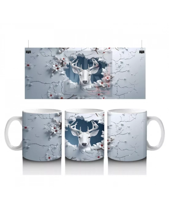 Beyaz Çiçekli Dallar Üzerinde Geyik – Baskılı Kahve Kupası