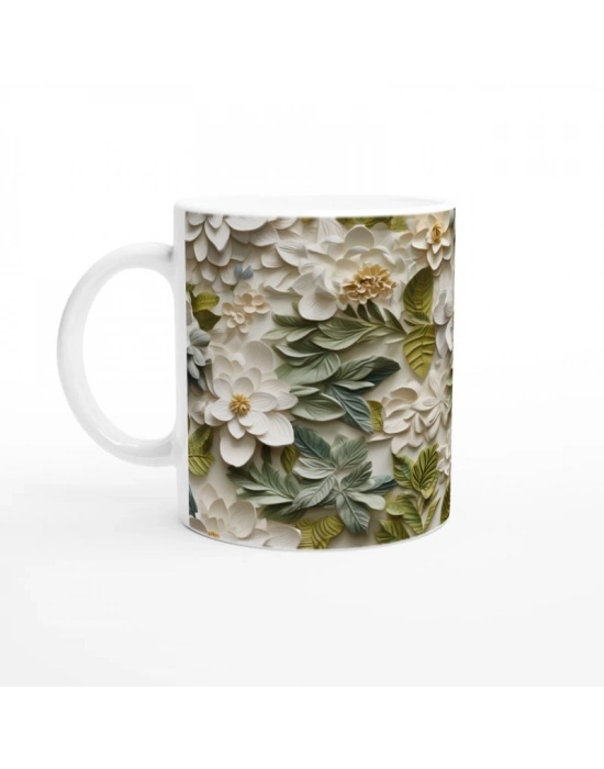 Beyaz Çiçekli Doğal Yaprak Desenli Kupa