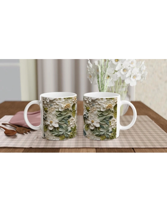 Beyaz Çiçekli Doğal Yaprak Desenli Kupa