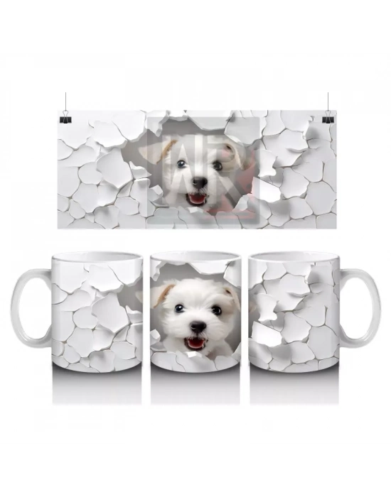 Beyaz Çiçekli Duvarı Delen Sevimli Köpek – Baskılı Kahve Kupası
