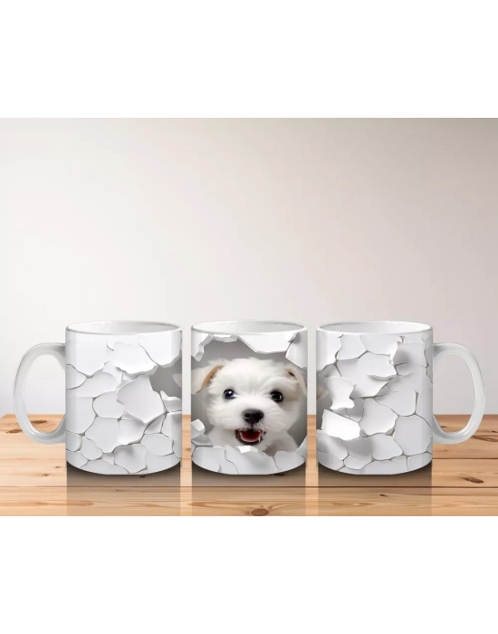 Beyaz Çiçekli Duvarı Delen Sevimli Köpek – Baskılı Kahve Kupası