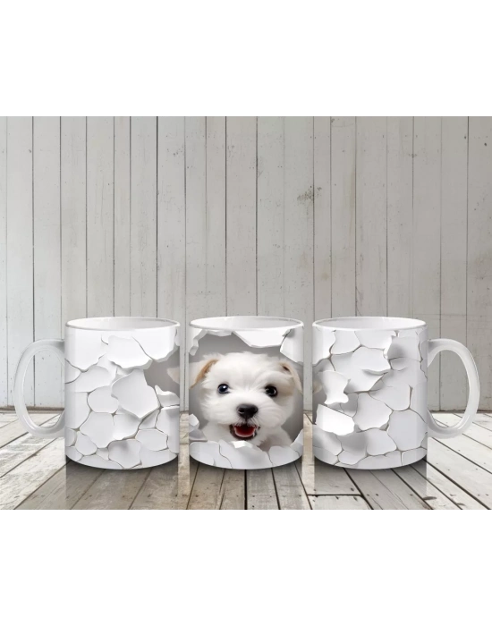 Beyaz Çiçekli Duvarı Delen Sevimli Köpek – Baskılı Kahve Kupası