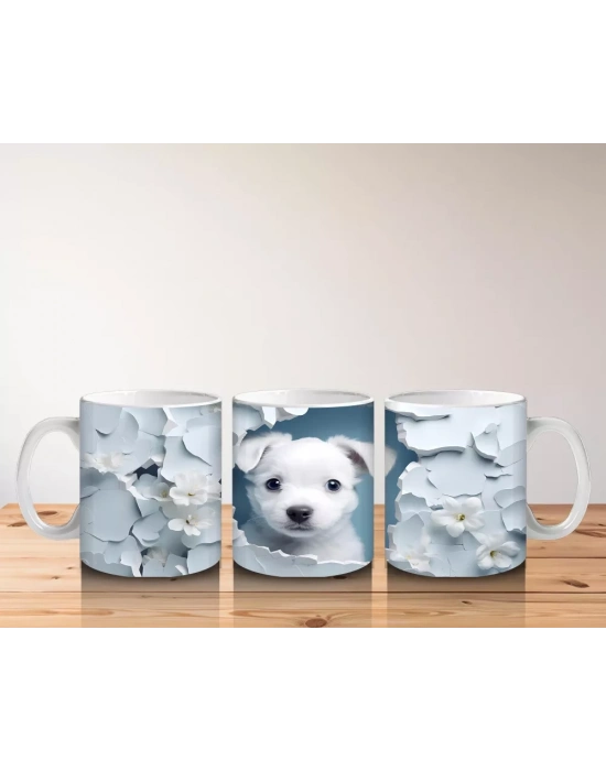 Beyaz Çiçekli Duvarı Delen Tatlı Yavru Köpek Kupa