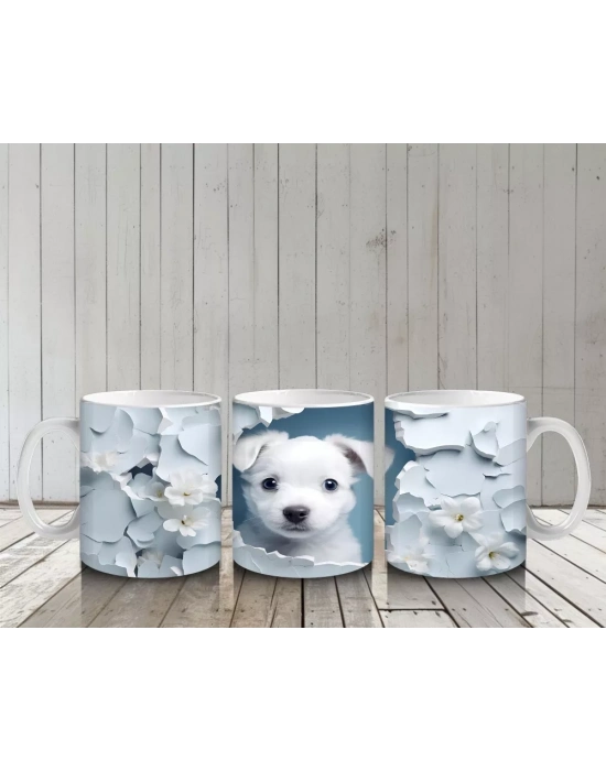 Beyaz Çiçekli Duvarı Delen Tatlı Yavru Köpek Kupa