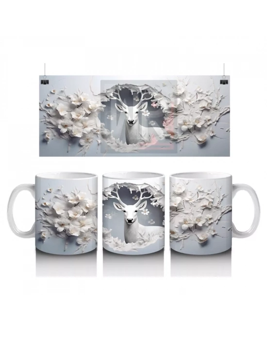 Beyaz Çiçekli Fon Üzerinde Geyik – Baskılı Kahve Kupası