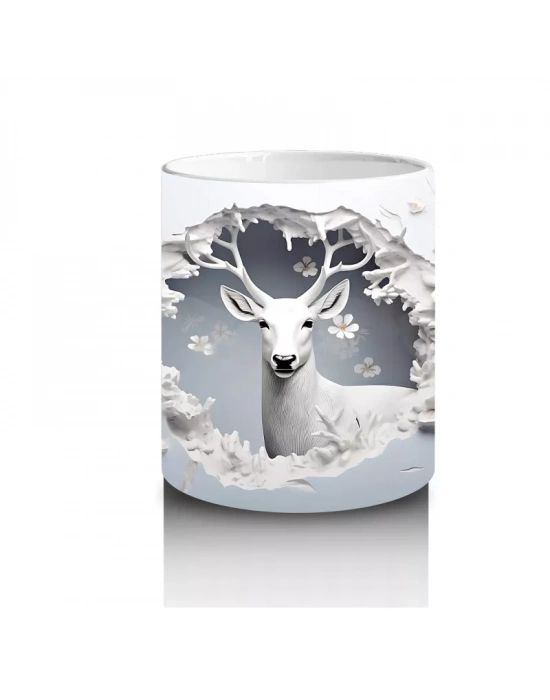 Beyaz Çiçekli Fon Üzerinde Geyik – Baskılı Kahve Kupası