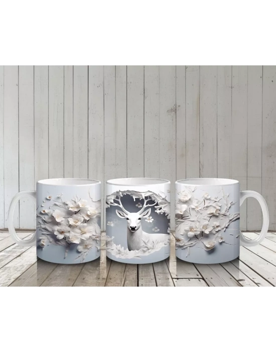 Beyaz Çiçekli Fon Üzerinde Geyik – Baskılı Kahve Kupası