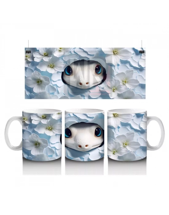 Beyaz Çiçekli Fon Üzerinde Mavi Gözlü Yavru – Baskılı Kahve Kupası