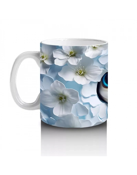 Beyaz Çiçekli Fon Üzerinde Mavi Gözlü Yavru – Baskılı Kahve Kupası