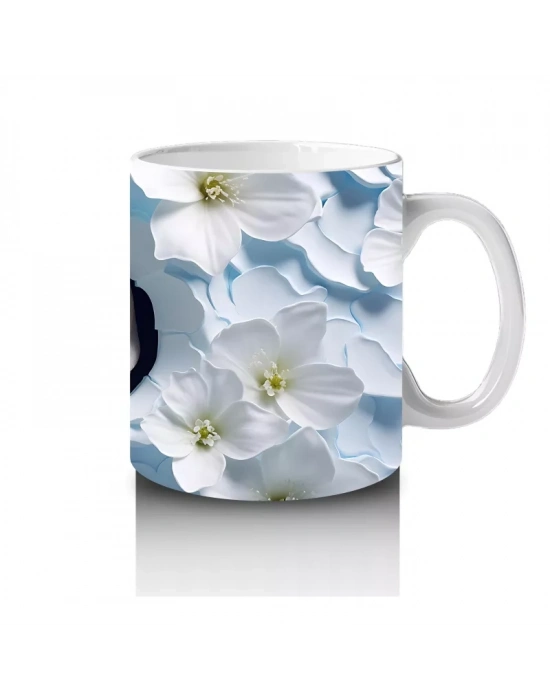 Beyaz Çiçekli Fon Üzerinde Mavi Gözlü Yavru – Baskılı Kahve Kupası