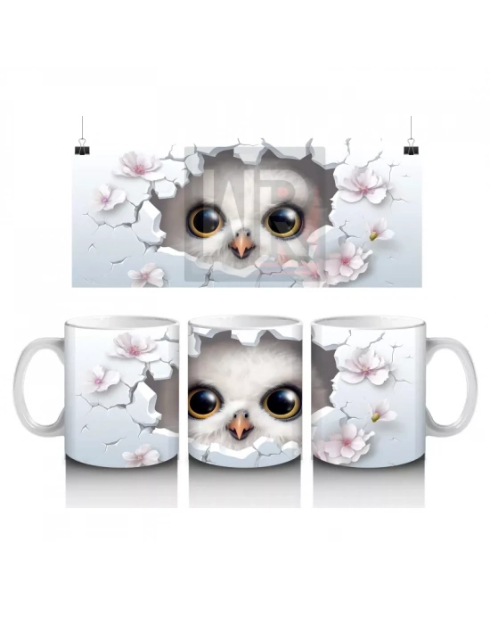 Beyaz Çiçekli Fon Üzerinde Parlak Gözlü Baykuş – Baskılı Kahve Kupası