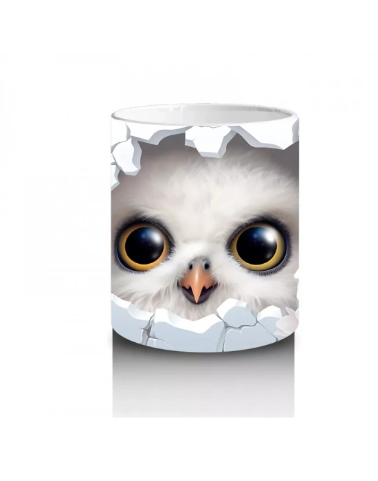 Beyaz Çiçekli Fon Üzerinde Parlak Gözlü Baykuş – Baskılı Kahve Kupası